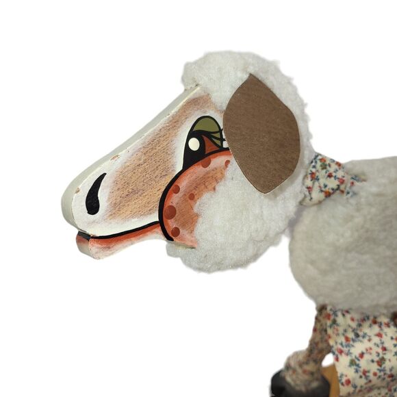 Vintage Wooden Painted Lamb Sheep Pull Toy Wheels Handmade Folk Art 1981 12" - Picture 3 of 16